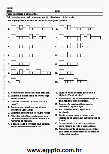 Exercício de História Para Imprimir Sobre o Egito Antigo