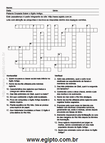 Palavras Cruzadas Para Imprimir Sobre o Egito Antigo