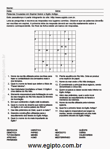 Palavras Cruzadas em Espiral Sobre o Egito Antigo