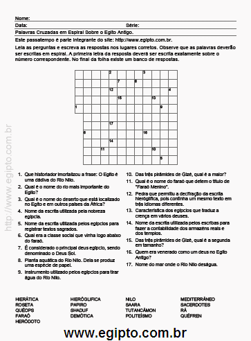 Passatempo Palavra Cruzada Para Imprimir Sobre o Egito Antigo