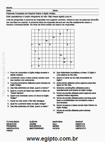Passatempo Para Imprimir de Palavras Cruzadas Sobre o Egito Antigo